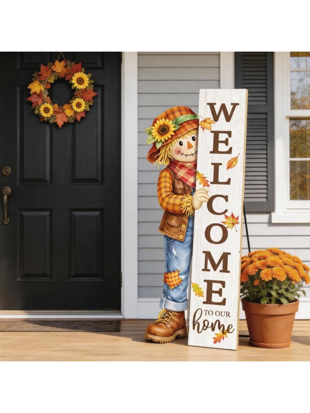 Autumn Wooden Scarecrow Welcome Sign - 42" Fall Door Decor for Porch & Yard
